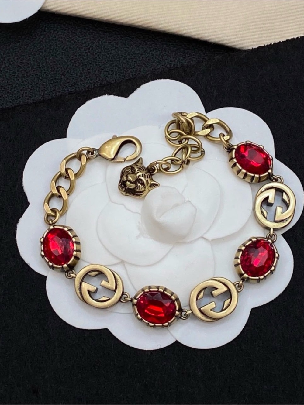 Designer inspired Gold-Tone Bracelet with Red Crystal Links